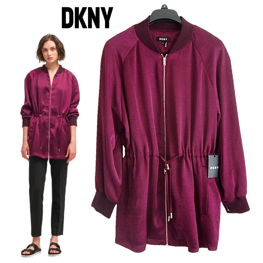 DKNY NEW Elongated Velour Peplum Collarless Drawstring Aglets Jacket M